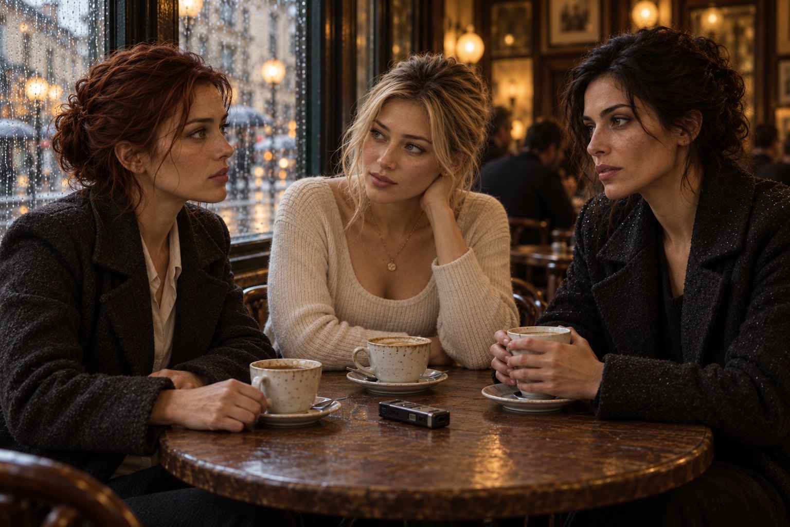 Rue, Selene, and Edna share coffee beside a rain-streaked café window.