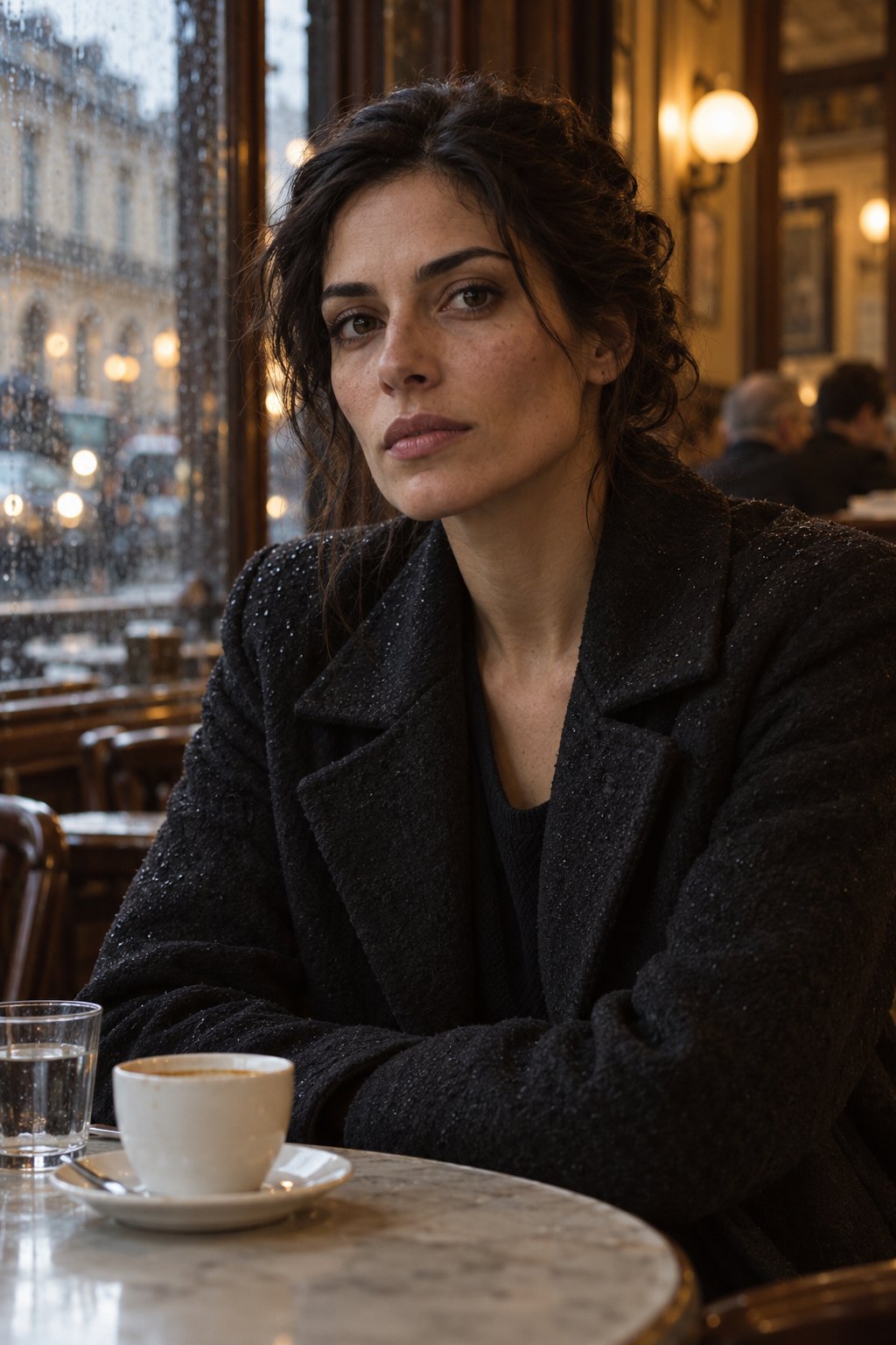 Edna, dark-haired with olive skin and strong features, seated in composed stillness.