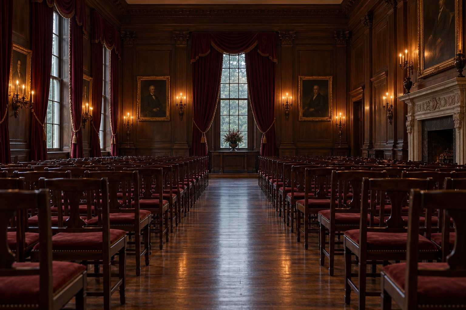 Empty wooden chairs, burgundy drapery, and candlelight in a disciplined ceremonial hall.