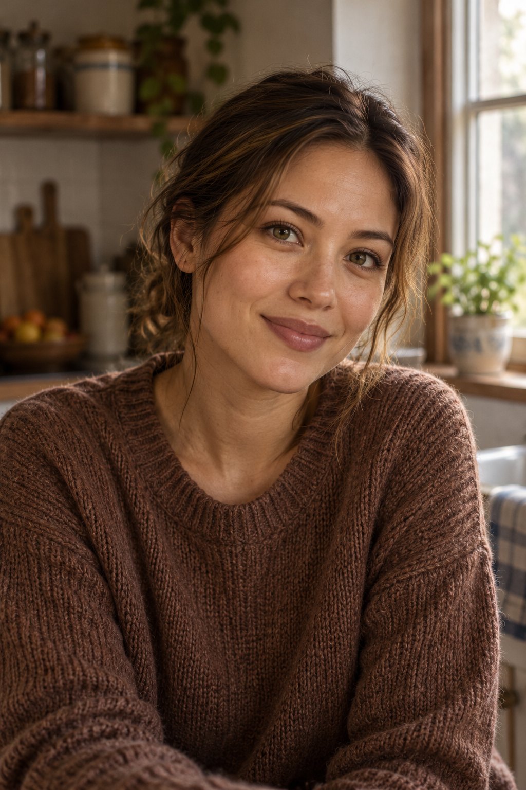 Maya, with simply worn light-brown hair and hazel eyes, in warm window light.