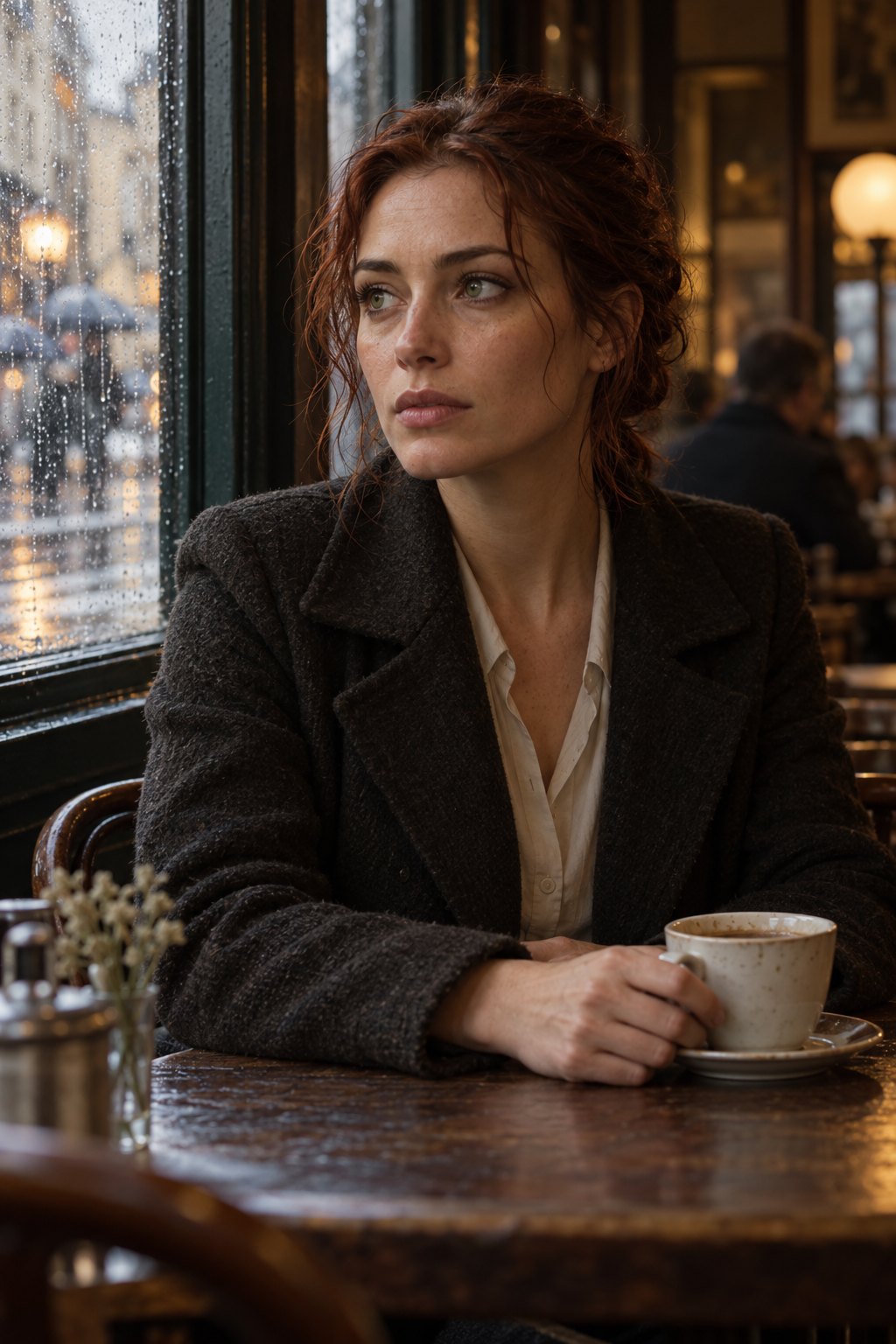Rue, auburn hair pinned back, watching quietly across a café table.
