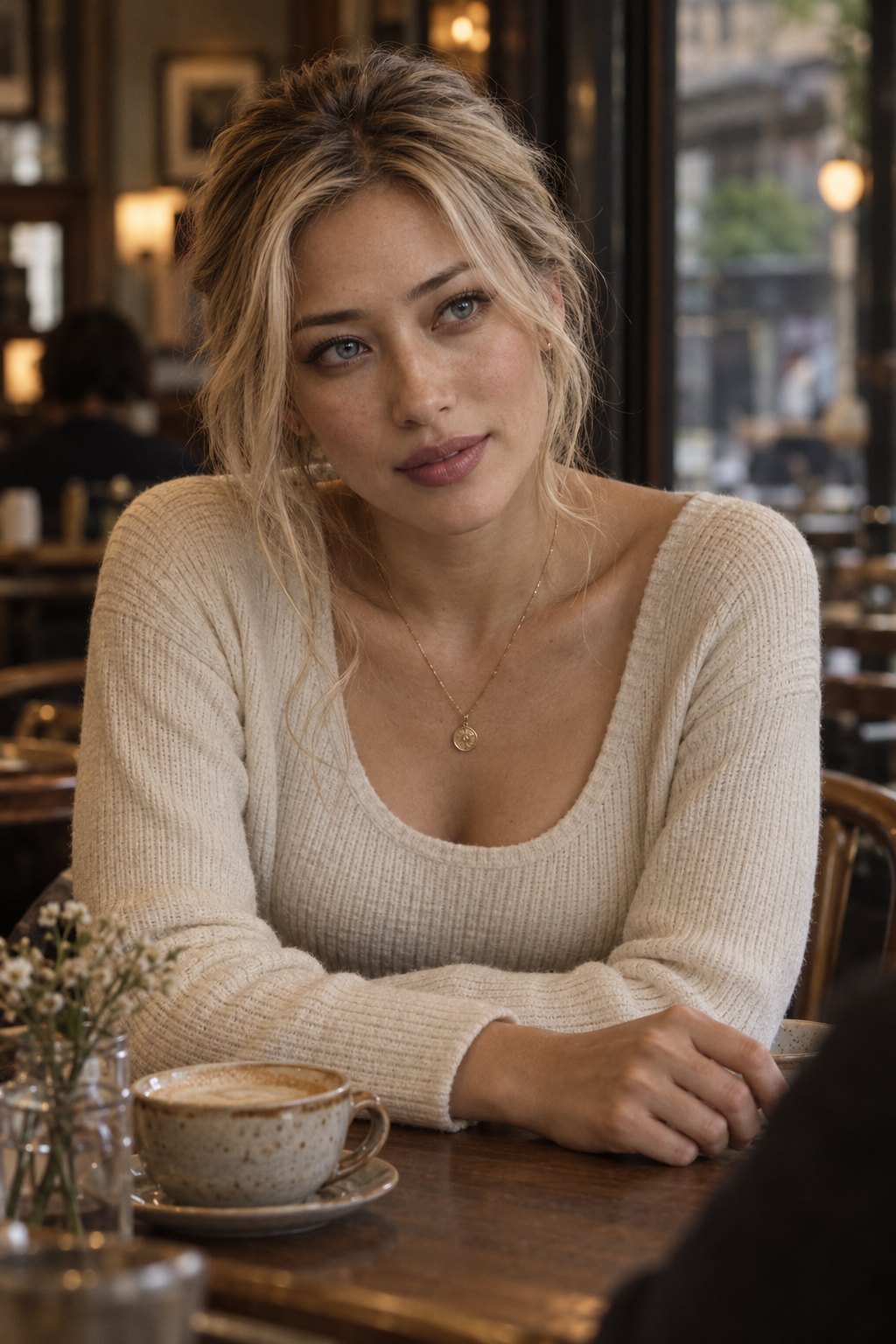 Selene, blonde and ice-blue-eyed, leaning attentively in a quiet café.