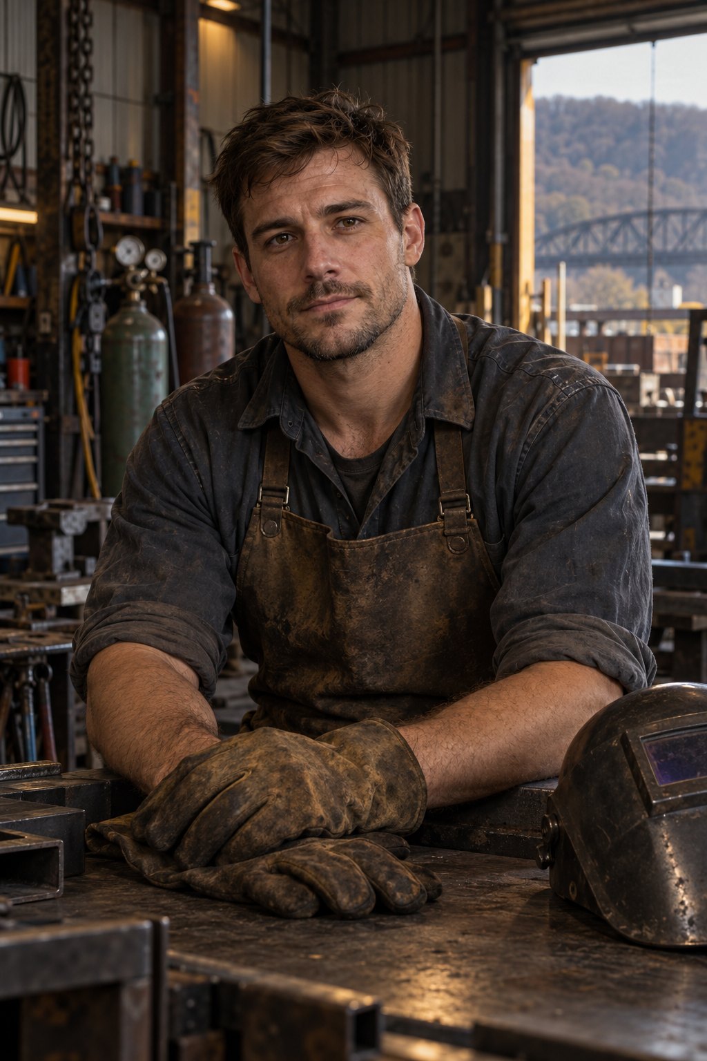 Thomas in practical work clothes, resting in a metalworking bay.