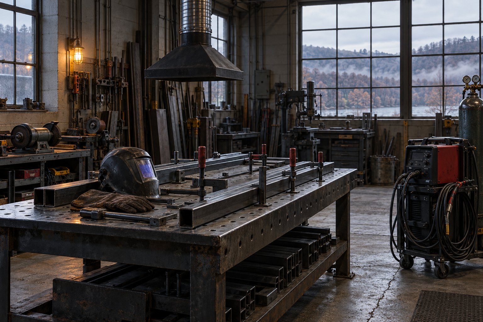 A quiet metalworking bay, with steel clamped on the bench and tools at rest.